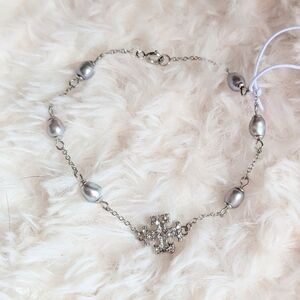 TORY BURCH Silver Milgrain Pearl Pave Logo Bracelet